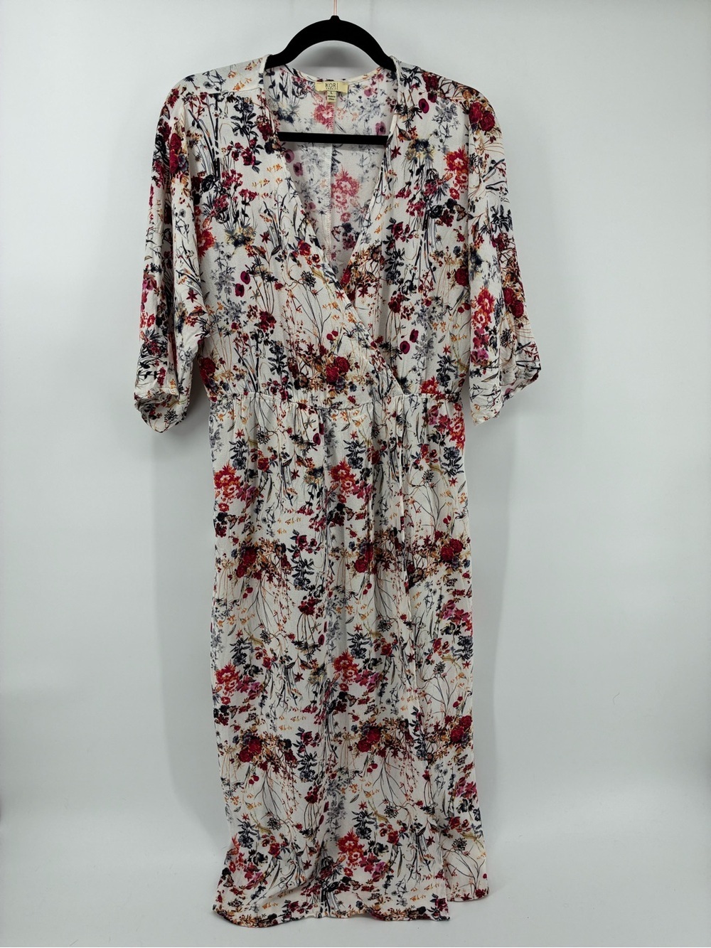 Kori Floral Maxi Dress in Red and Cream V-Neck High Wrap Slit
